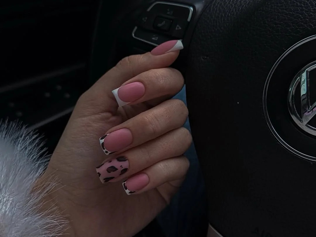 nail ideas for august 2026 Pink French Tips With Leopard Accent