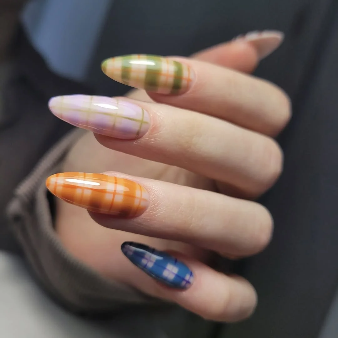 nail ideas for august 2026 Colorful Plaid Almond Nails