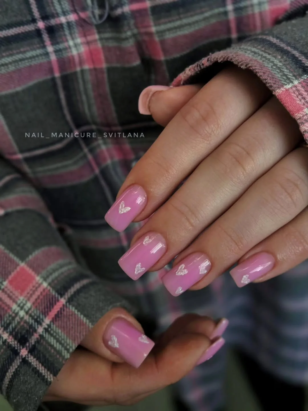 nail ideas for august 2026 Glossy Pink Nails With Tiny Hearts