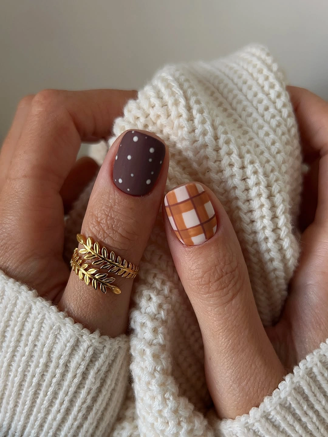 september nail art ideas 2026 Cozy Plaid And Polka Dot Charm