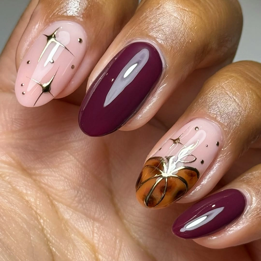september nail art ideas 2026 Elegant Burgundy Pumpkin Accent Nails
