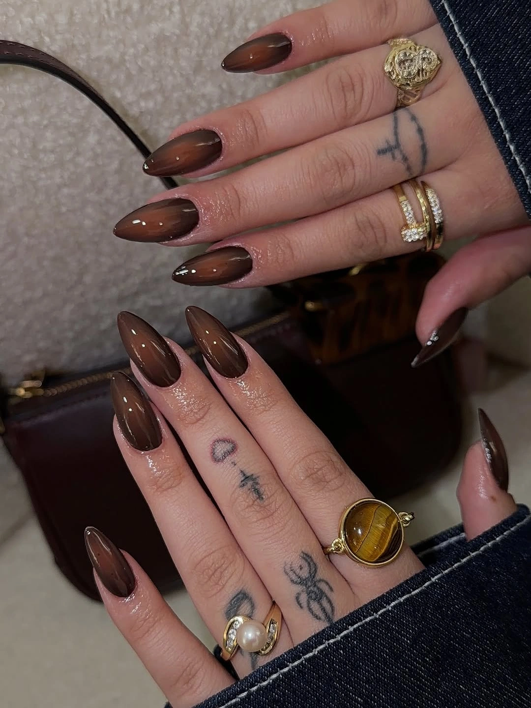 september nail art ideas 2026 Smoky Brown Ombre Almond Nails