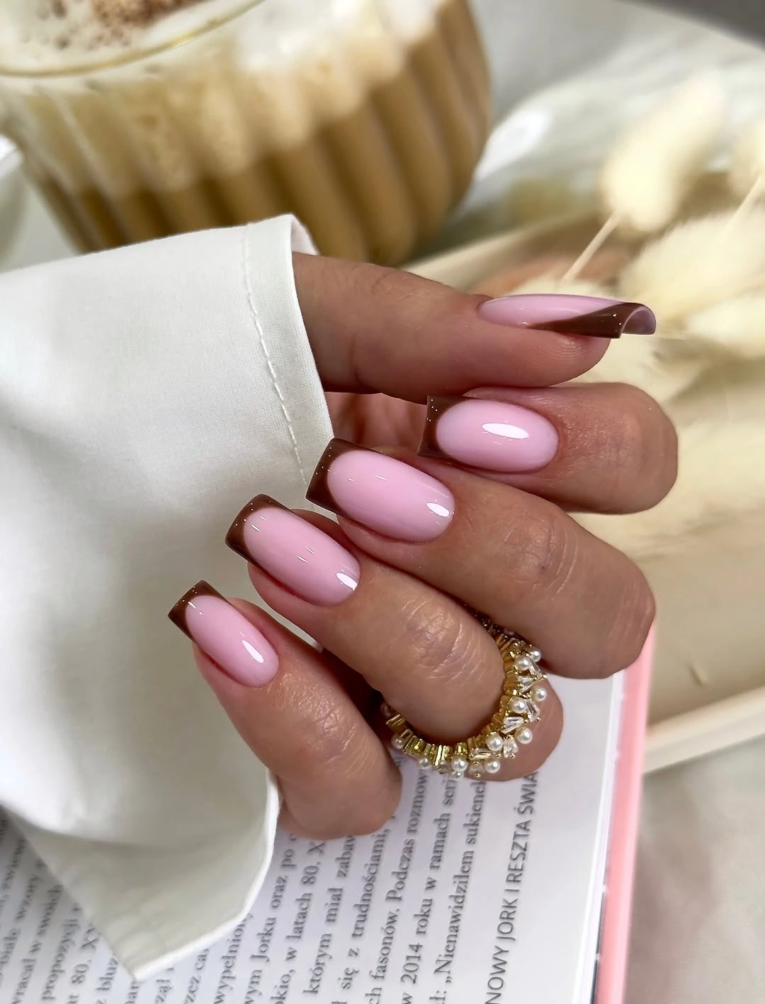 september nail art ideas 2026 Soft Pink Square Nails With Chocolate French Tips