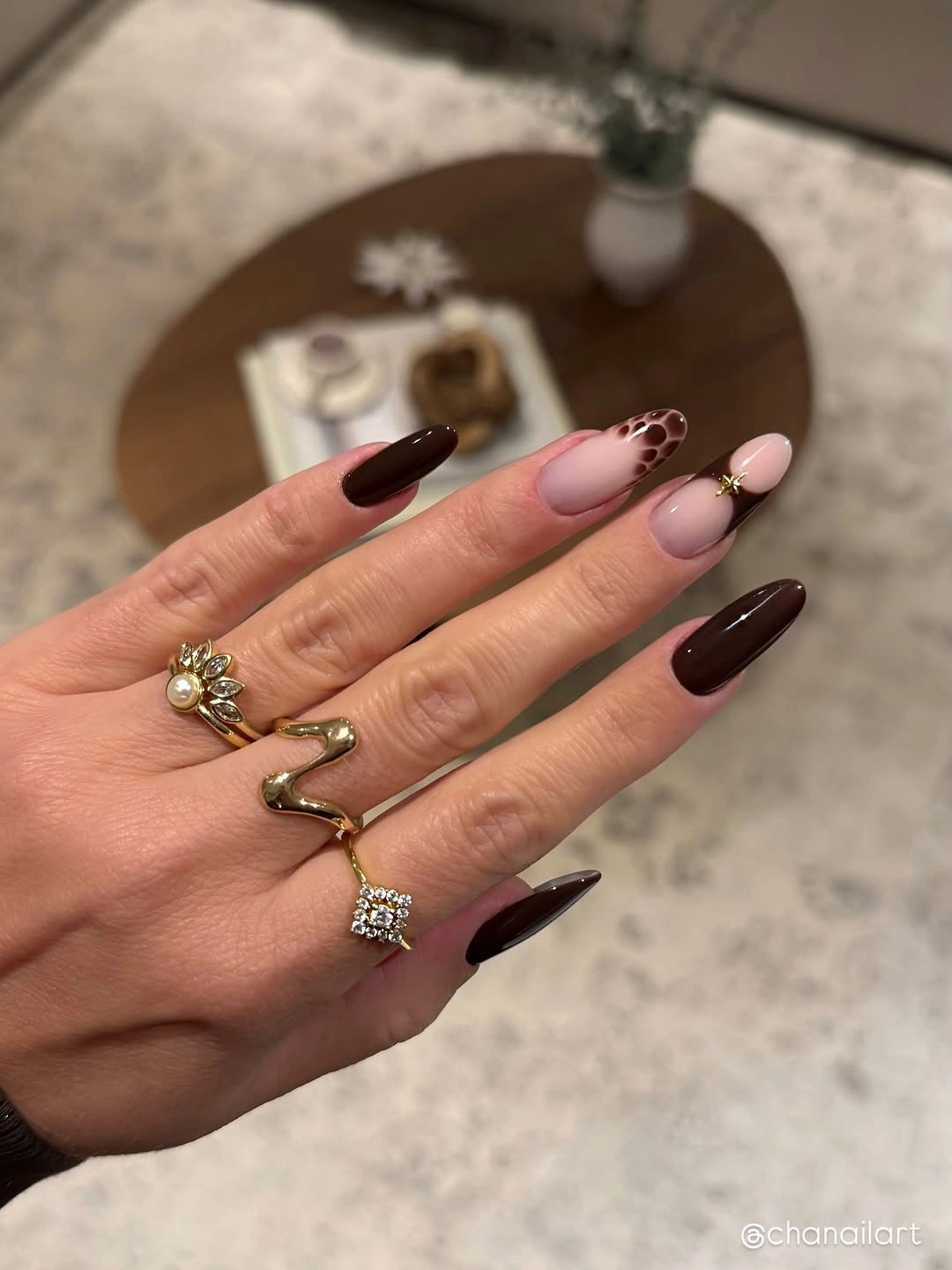 september nail art ideas 2026 Chocolate Swirl Accent Almond Nails