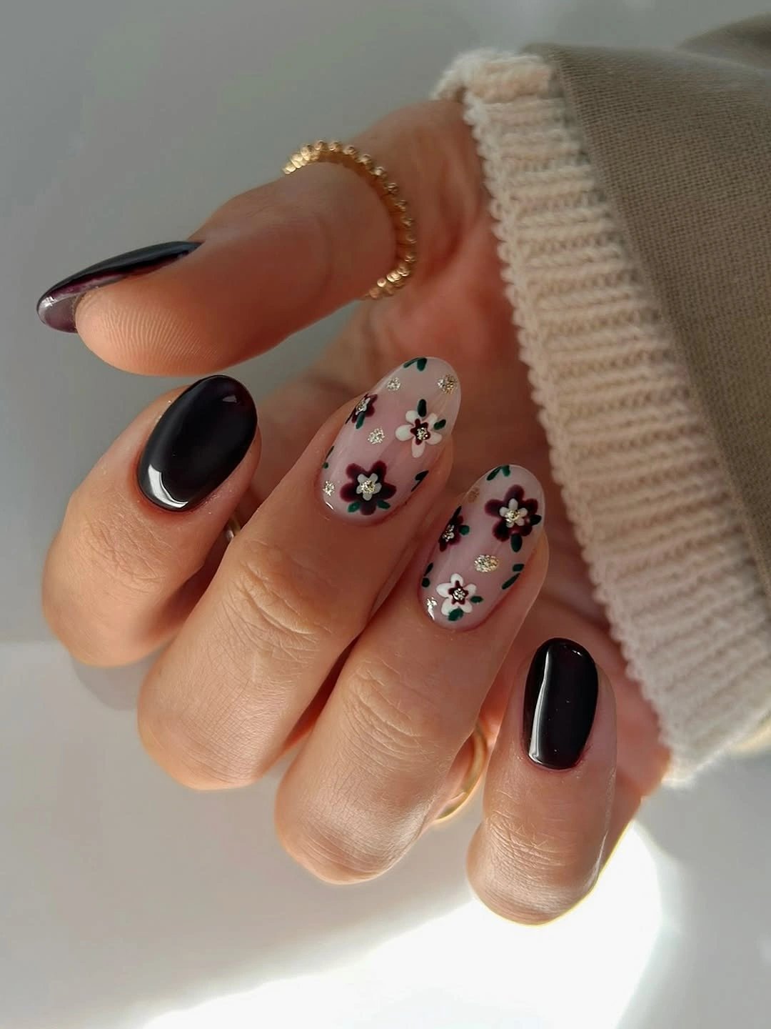 september nail designs 2026 Dark Florals With A Soft Romantic Touch