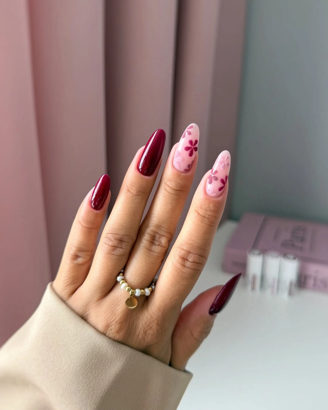 september nail designs 2026 Berry Blossoms With Minimal Charm