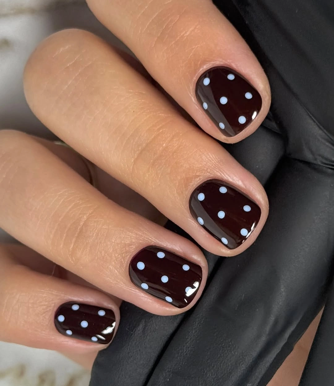 september nail designs 2026 Chocolate And Baby Blue Polka Dots