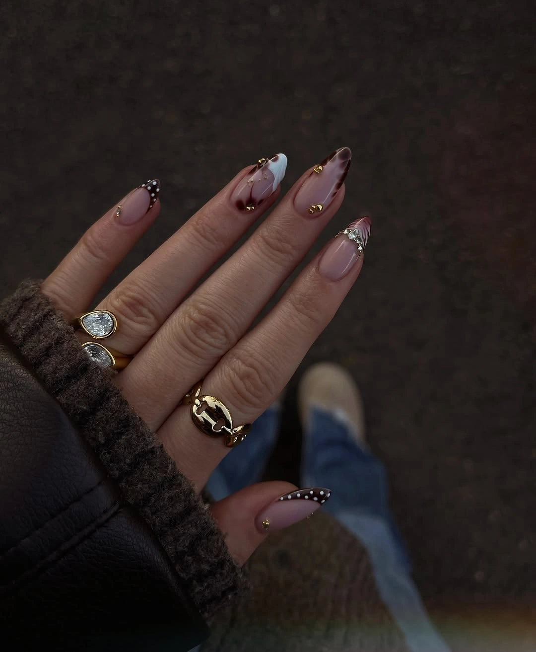 september nails color 2026 Soft Nude Nails With Chocolate French Details
