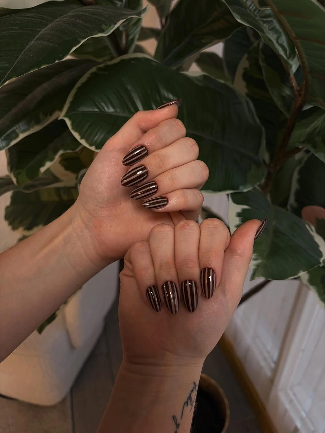 september nails color 2026 Minimal Espresso Pinstripe Nails
