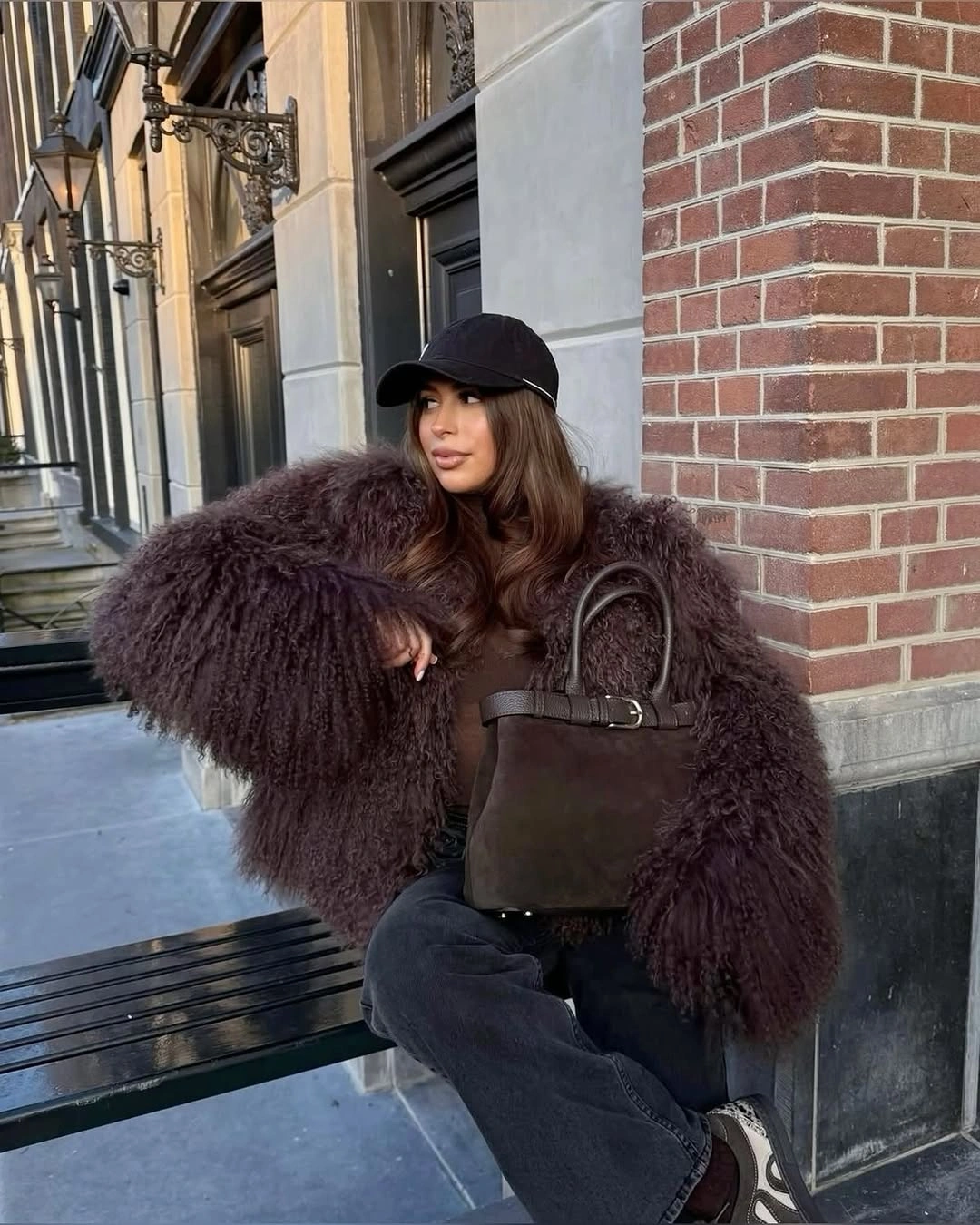 Shaggy Jacket Outfit Ideas for Women That Make Faux Fur Look Chic 16 shaggy jacket Relaxed City Style With A Deep Chocolate Finish