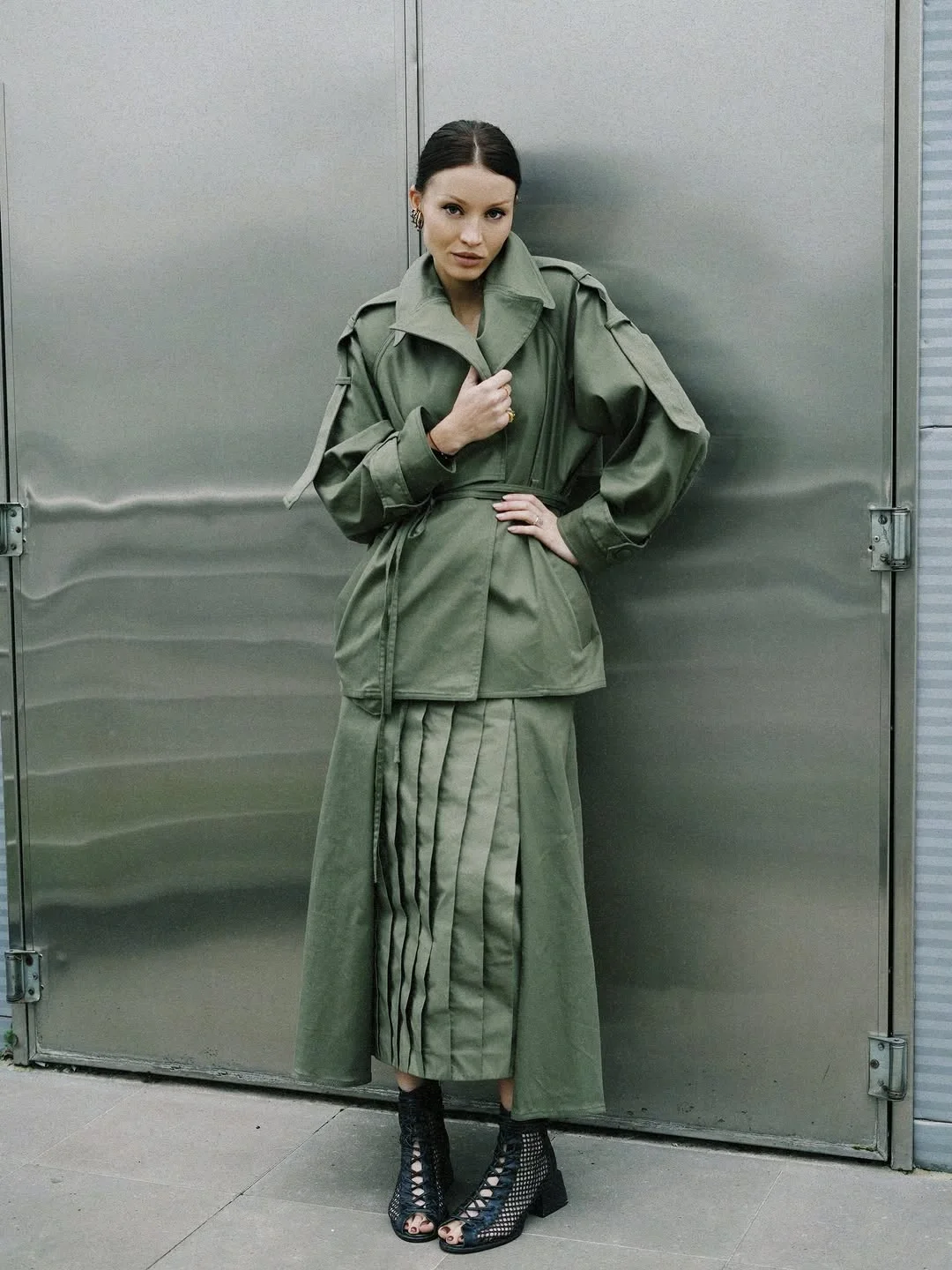 simple fall outfits 2026 Soft Olive Layers With Architectural Style