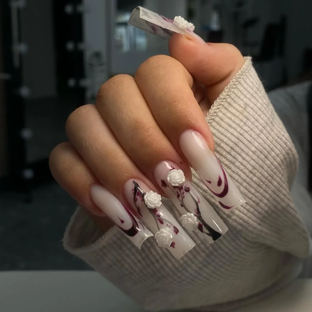 trendy nail colors for august 2026 Plum Marble Floral Acrylic Nails