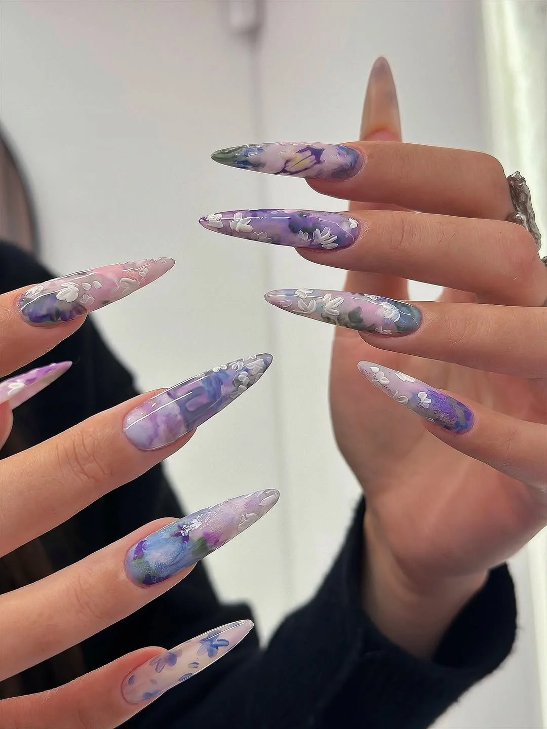 trendy nail colors for august 2026 Lavender Watercolor Almond Nails