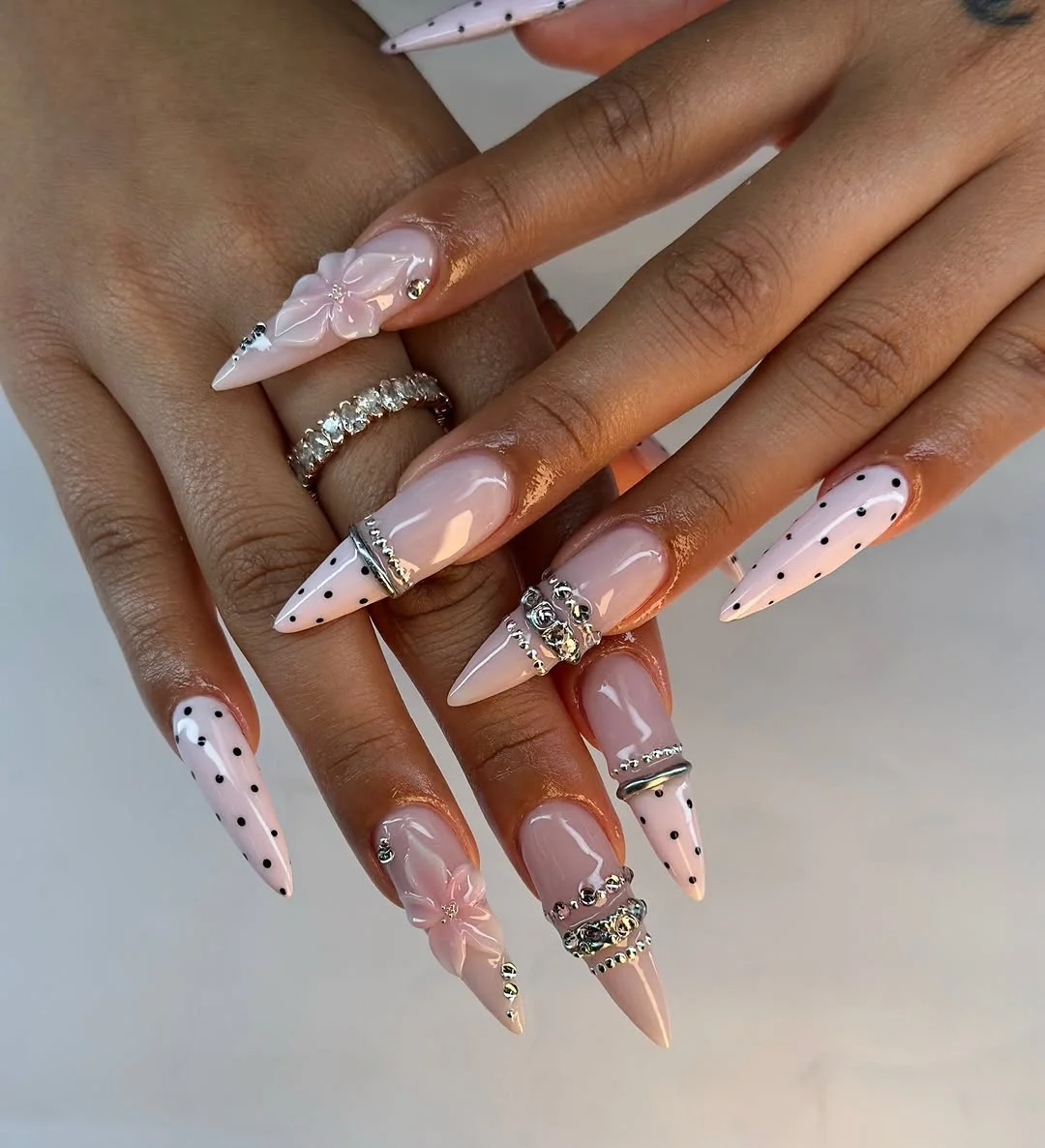 trendy nail colors for august 2026 Milky Pink Stiletto Nails With Crystal Details