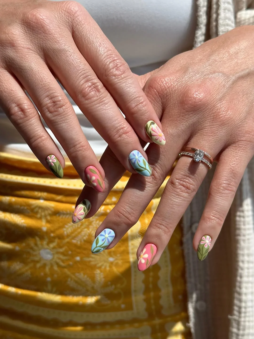 trendy nail colors for august 2026 Retro Floral Short Almond Nails