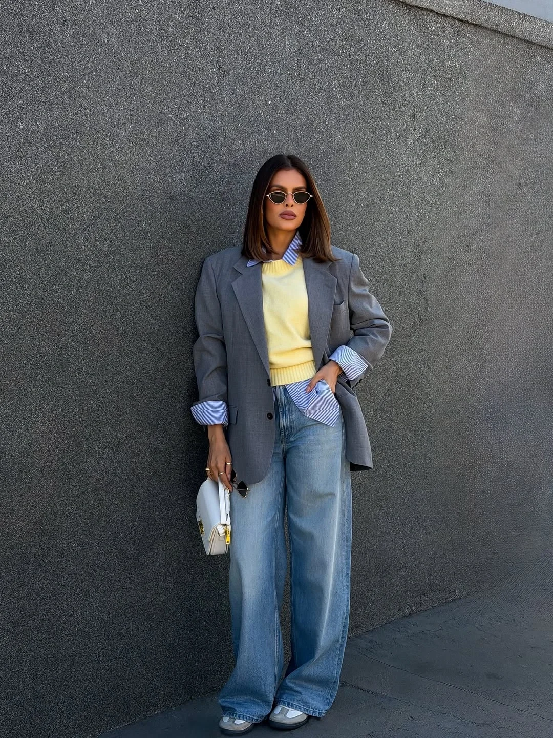 warm weather fall outfits 2026 Relaxed Blazer And Wide Leg Denim