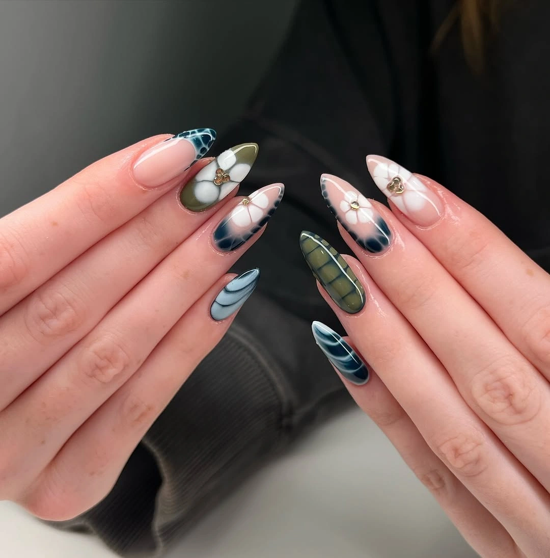 autumn nails color Moody Olive And Floral Almond Nails