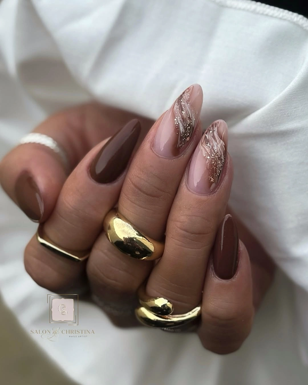 autumn nails color Soft Brown With Delicate Metallic Details