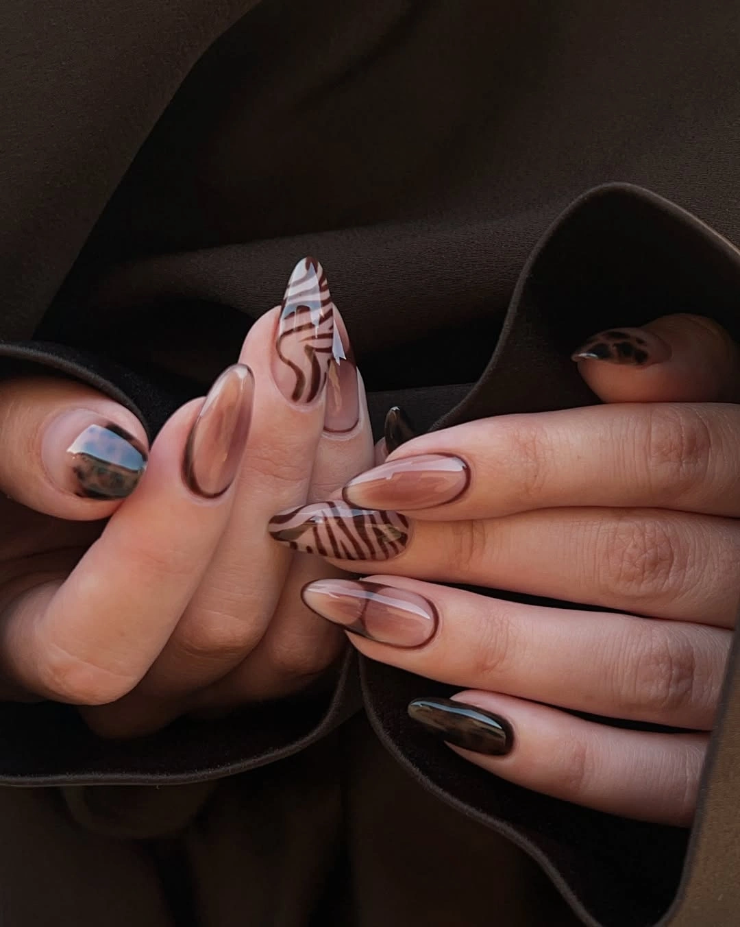 brown fall nails 2026 Modern Chocolate Marble Almond Nails