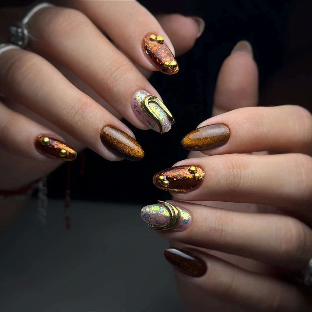 brown fall nails 2026 Copper Chrome And Chocolate Sparkle