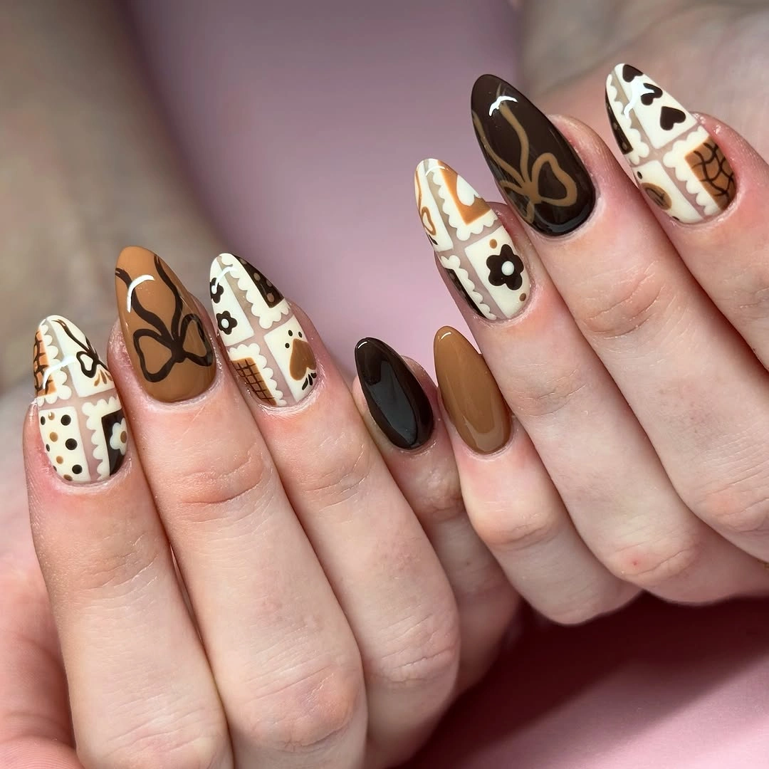 brown fall nails 2026 Retro Chocolate Nail Art With Playful Patterns