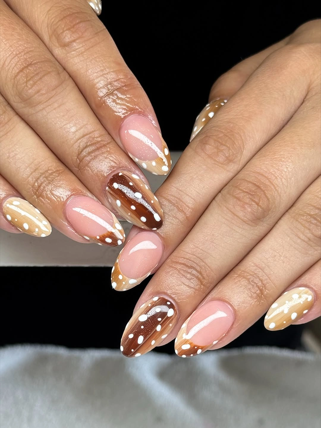 brown fall nails 2026 Soft Caramel French With Polka Dots