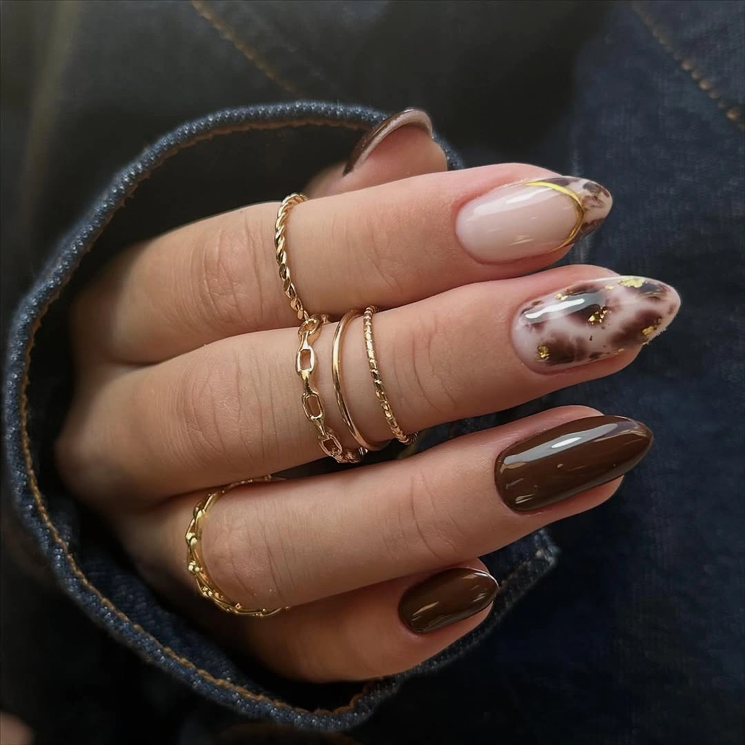 brown fall nails 2026 Chocolate Marble With Gold Details