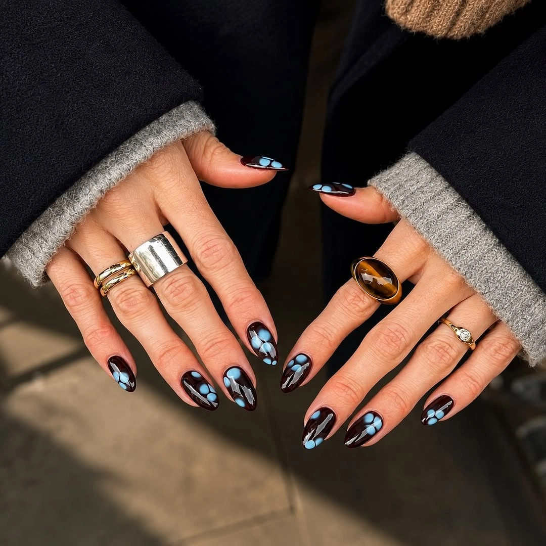 dark fall nails 2026 Deep Chocolate Nails With Icy Blue Art