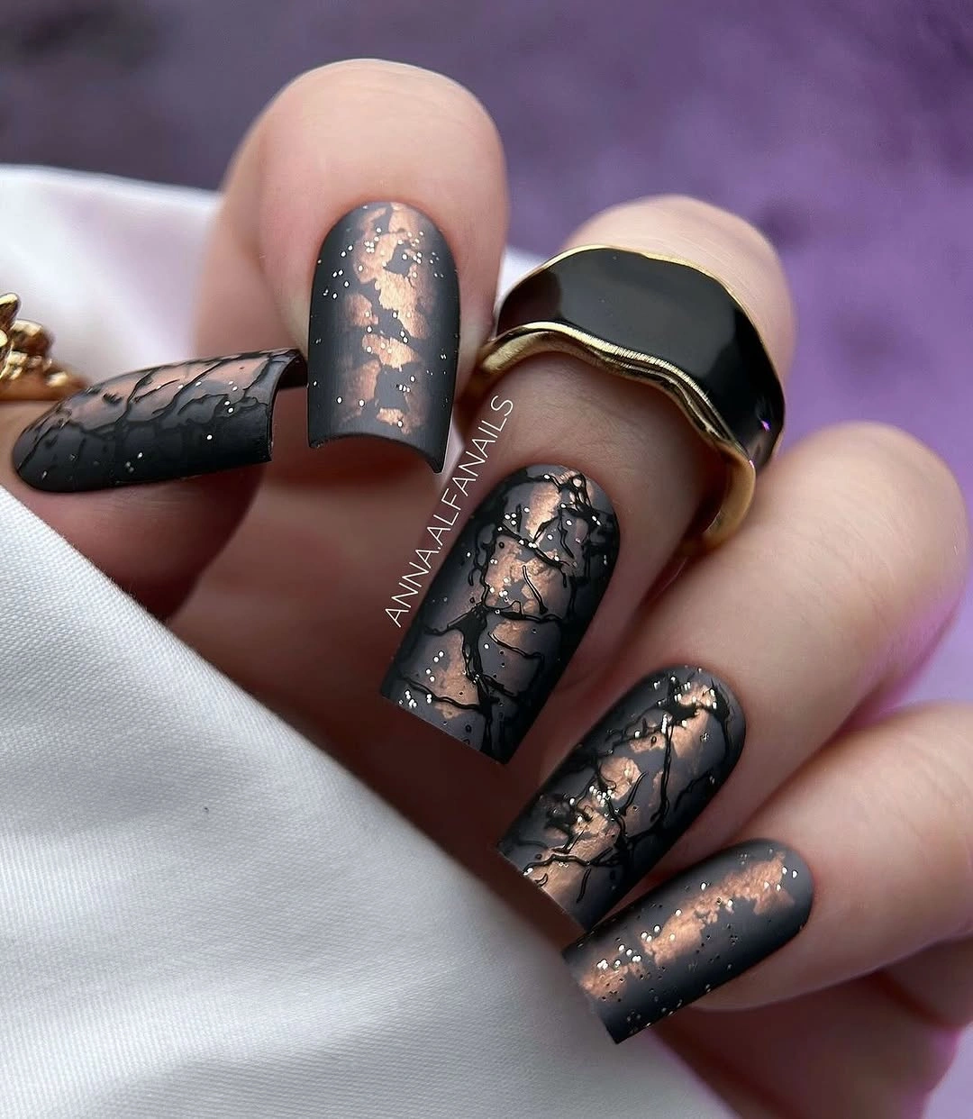 dark fall nails 2026 matte black rose gold textured manicure