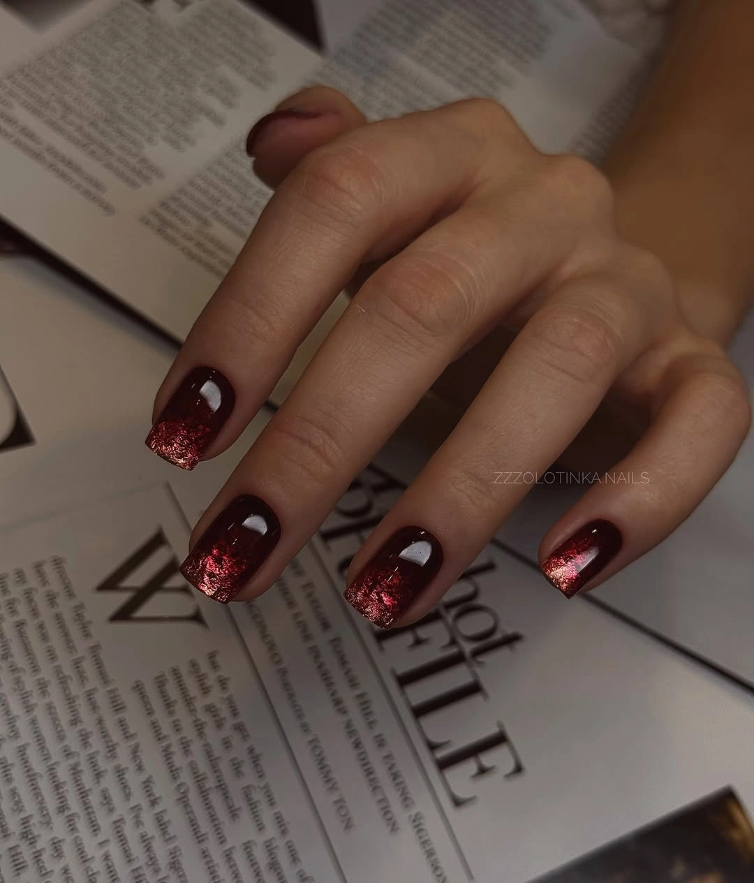 dark fall nails 2026 Glossy Burgundy With Metallic Red Tips