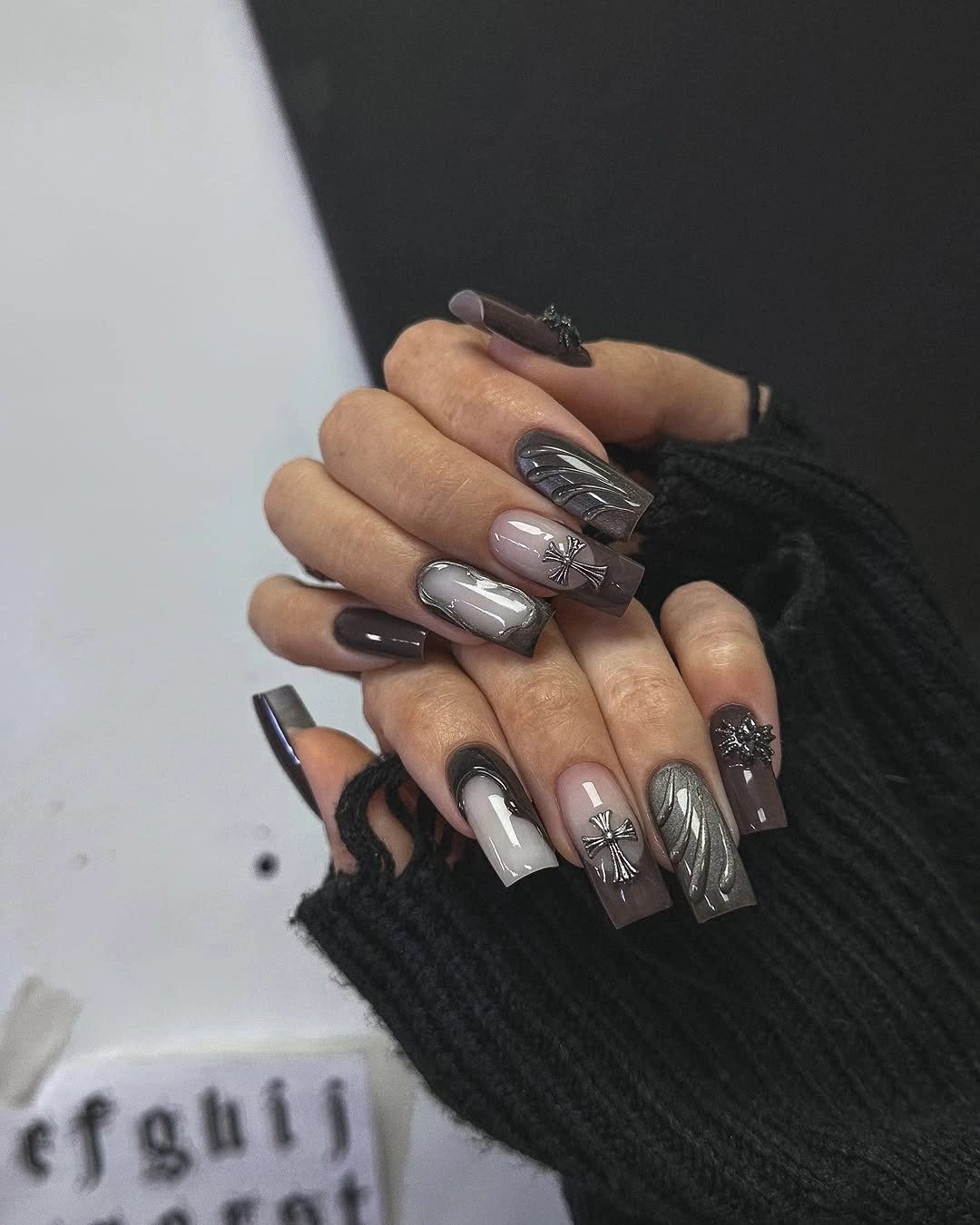dark fall nails 2026 Smoky Gray With Silver Gothic Details