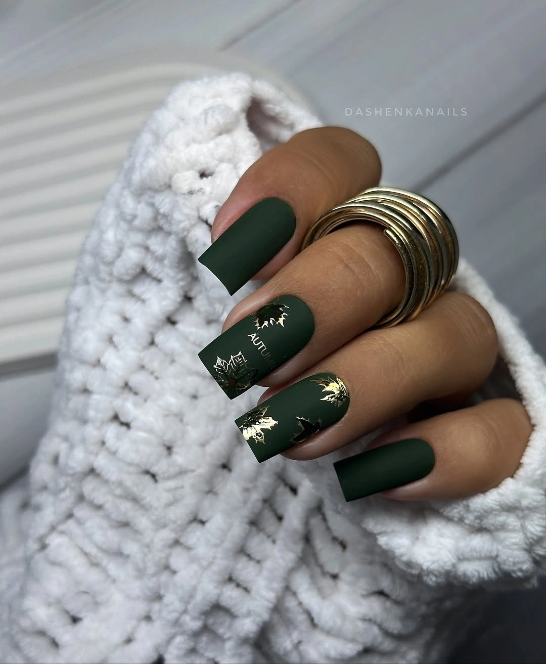 dark fall nails 2026 Matte Forest Green With Gold Foil