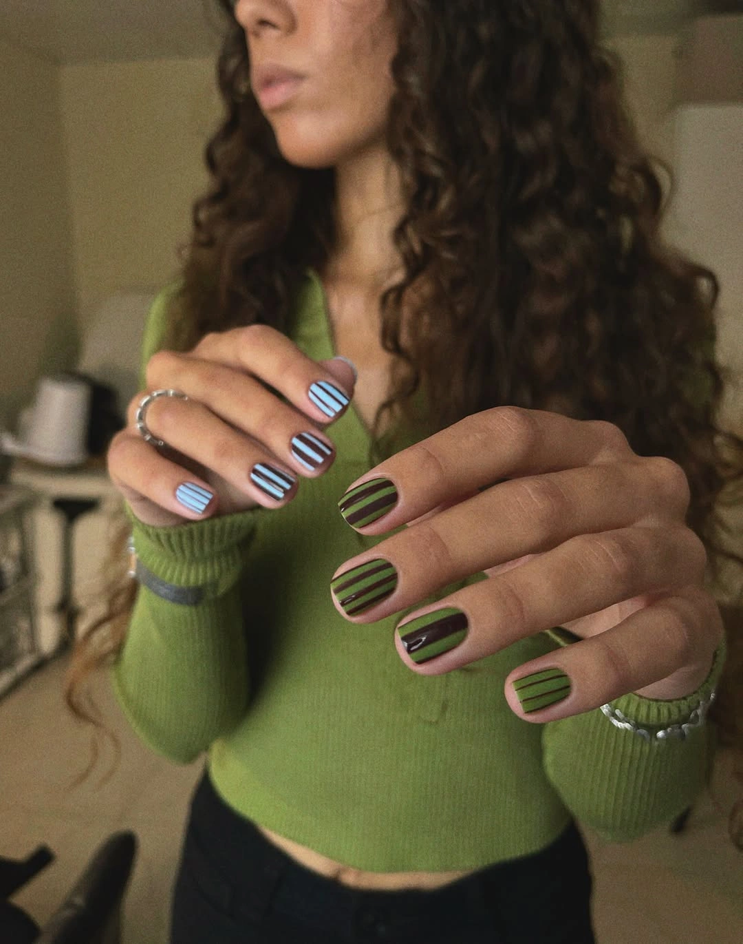 early fall nails 2026 Olive Green Striped Nails For A Fresh Early Fall Mood