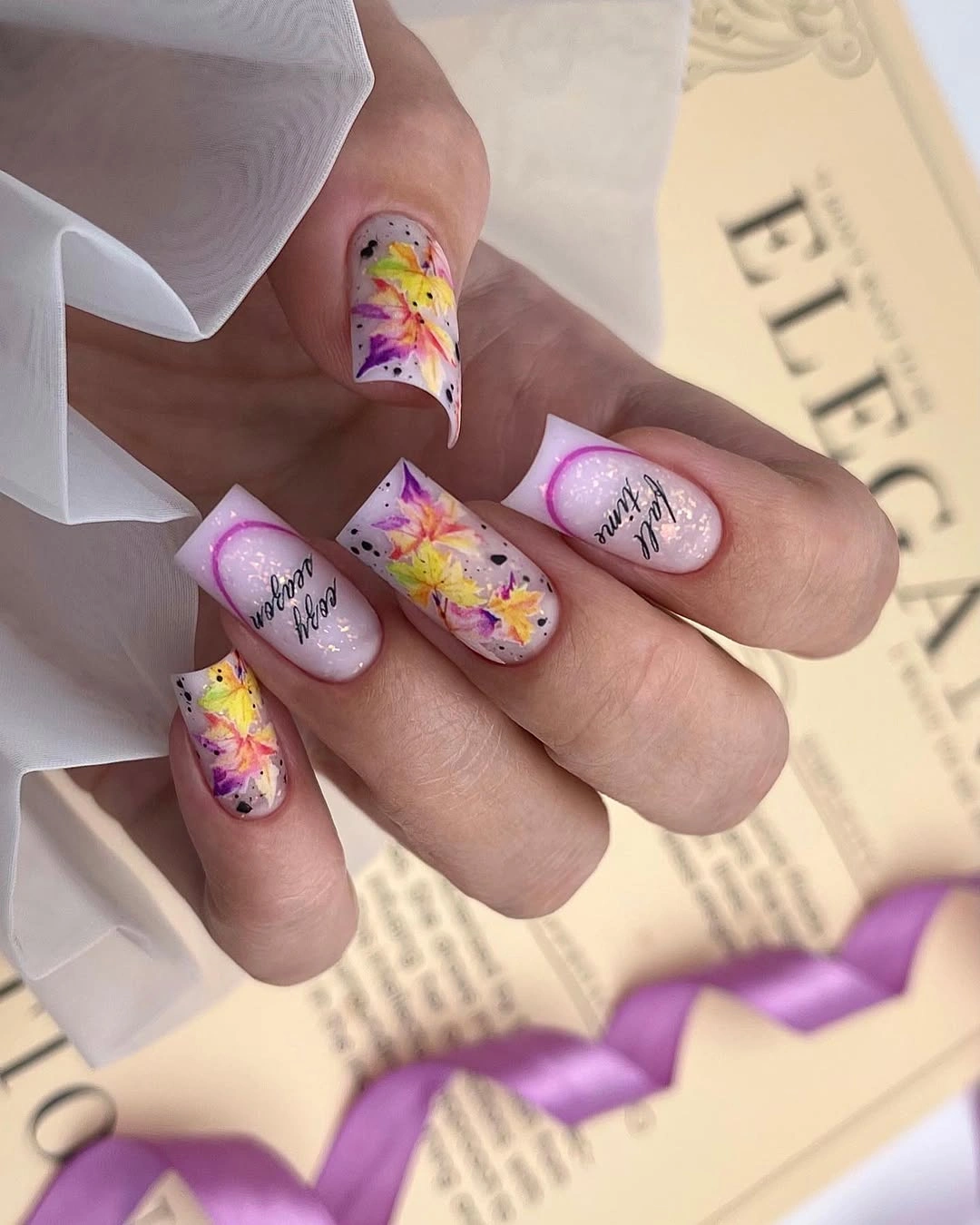 early fall nails 2026 Colorful Floral Square Nail Art