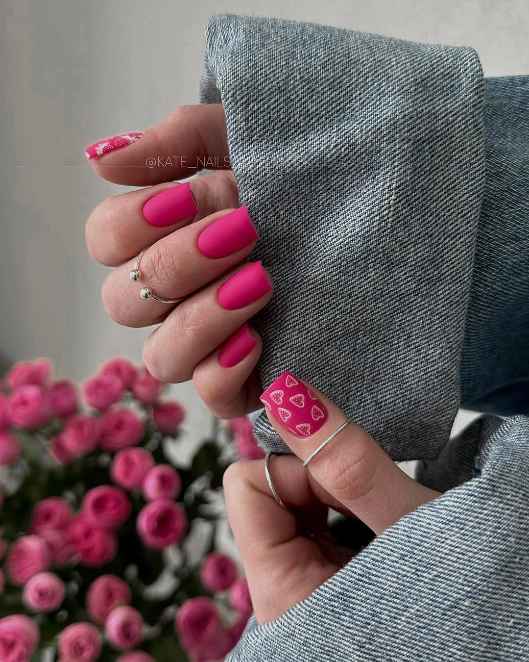 early fall nails 2026 Bright Pink Nails With Tiny Strawberry Details