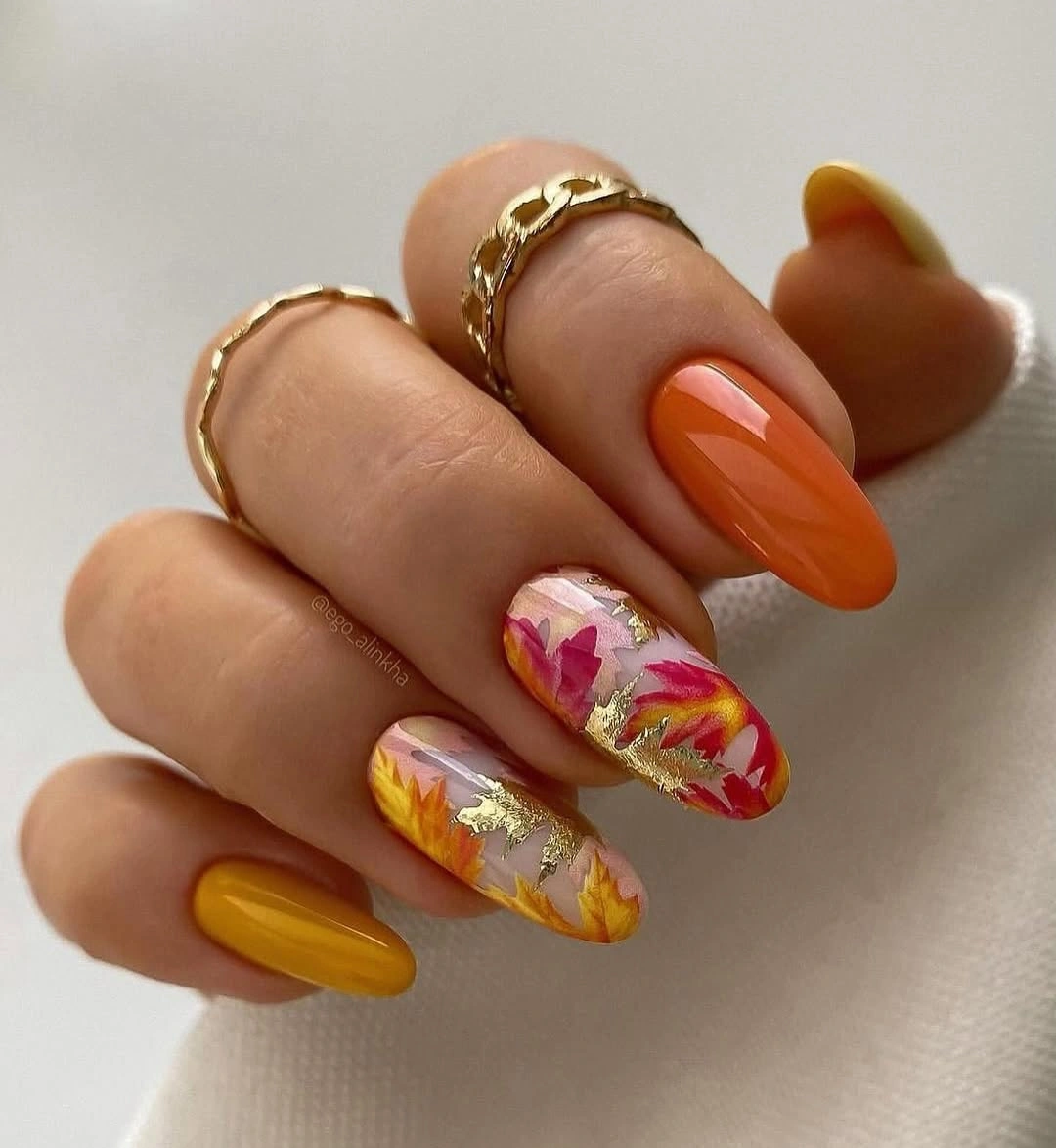 early fall nails 2026 Golden Orange Floral Nails With An Autumn Glow