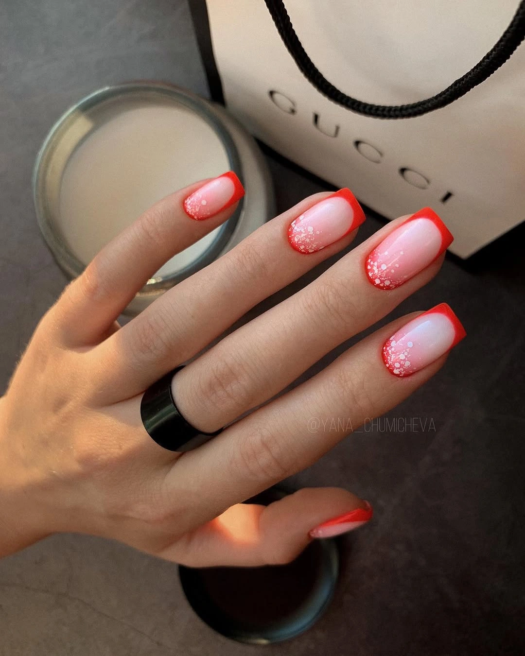 early fall nails 2026 Red French Tips With A Delicate Sparkle
