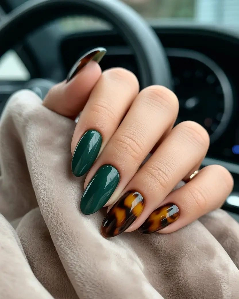 early fall nails 2026 Deep Green And Tortoiseshell Almond Nails