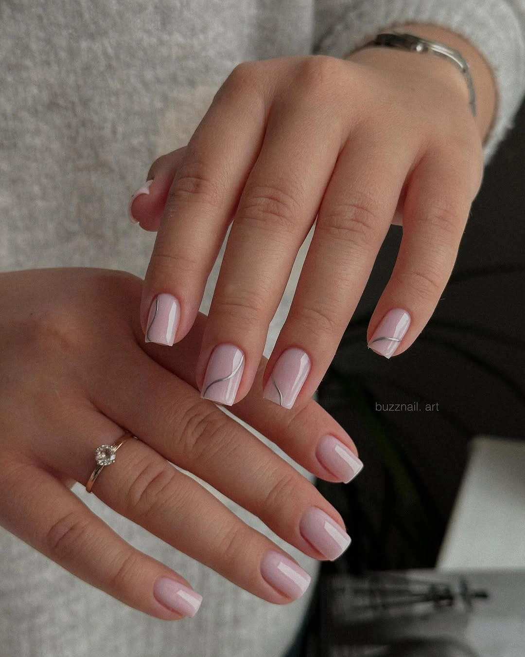 early fall nails 2026 Soft Pink Nails With Delicate Silver Waves