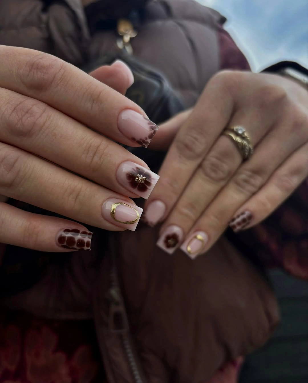 fall acrylic nails 2026 Soft Mocha Florals With Modern Autumn Details