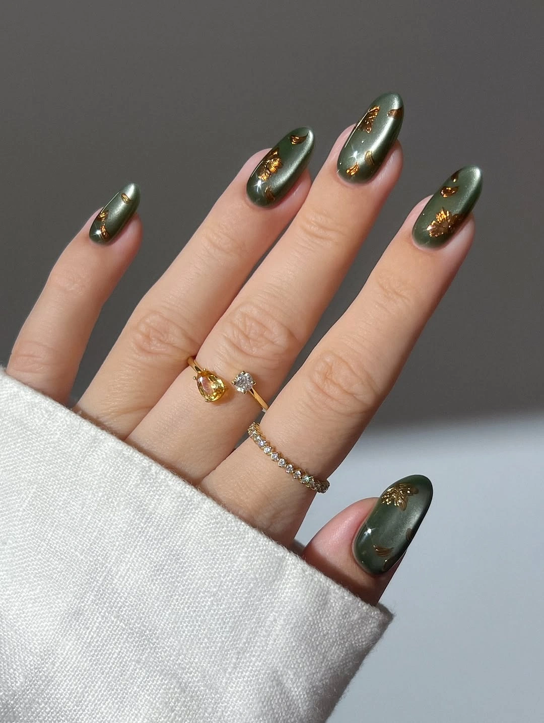 fall acrylic nails 2026 Olive Green Metallic Nails With Golden Accents