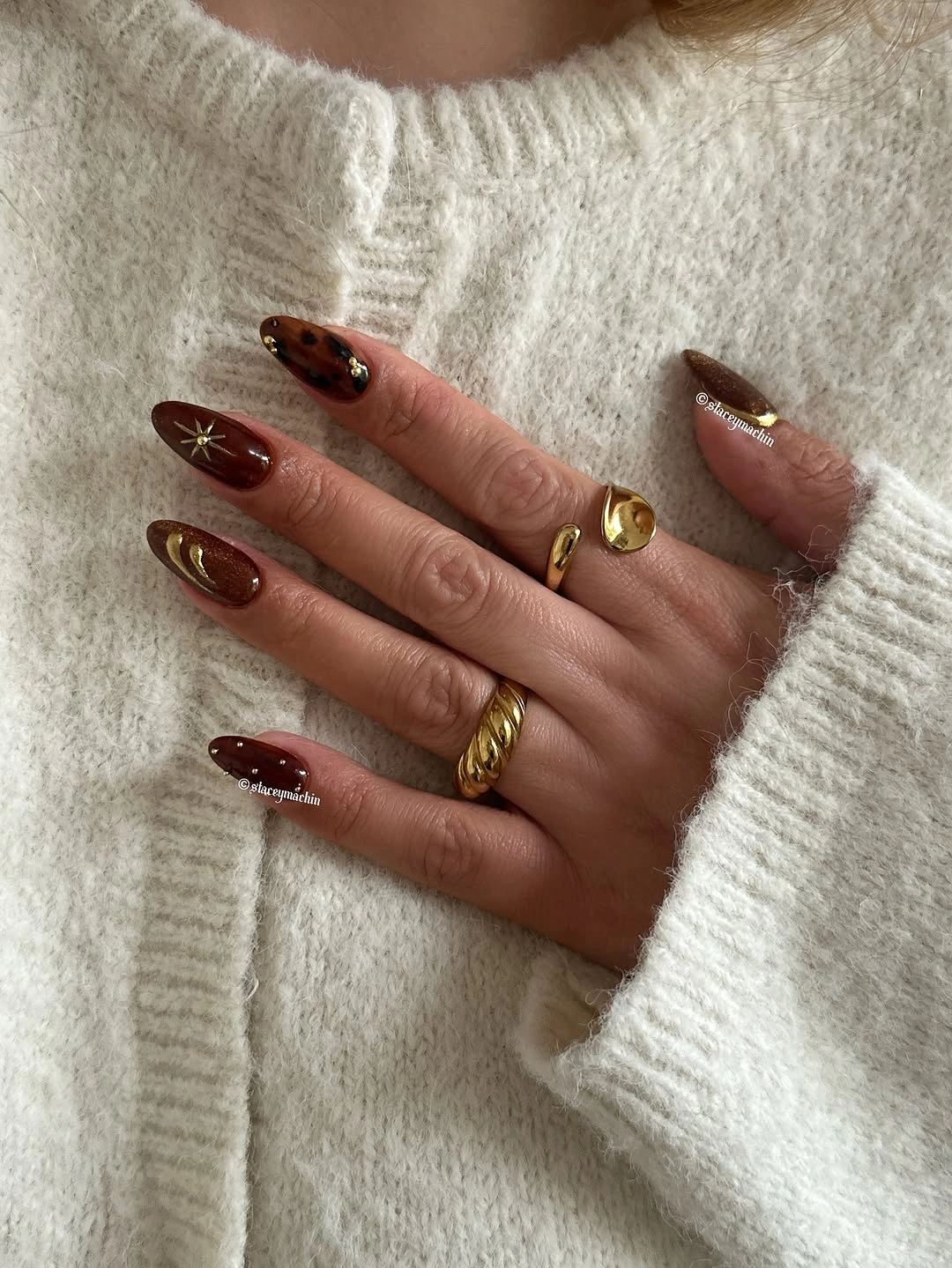 fall acrylic nails 2026 Rich Chocolate Glam Almond Nails