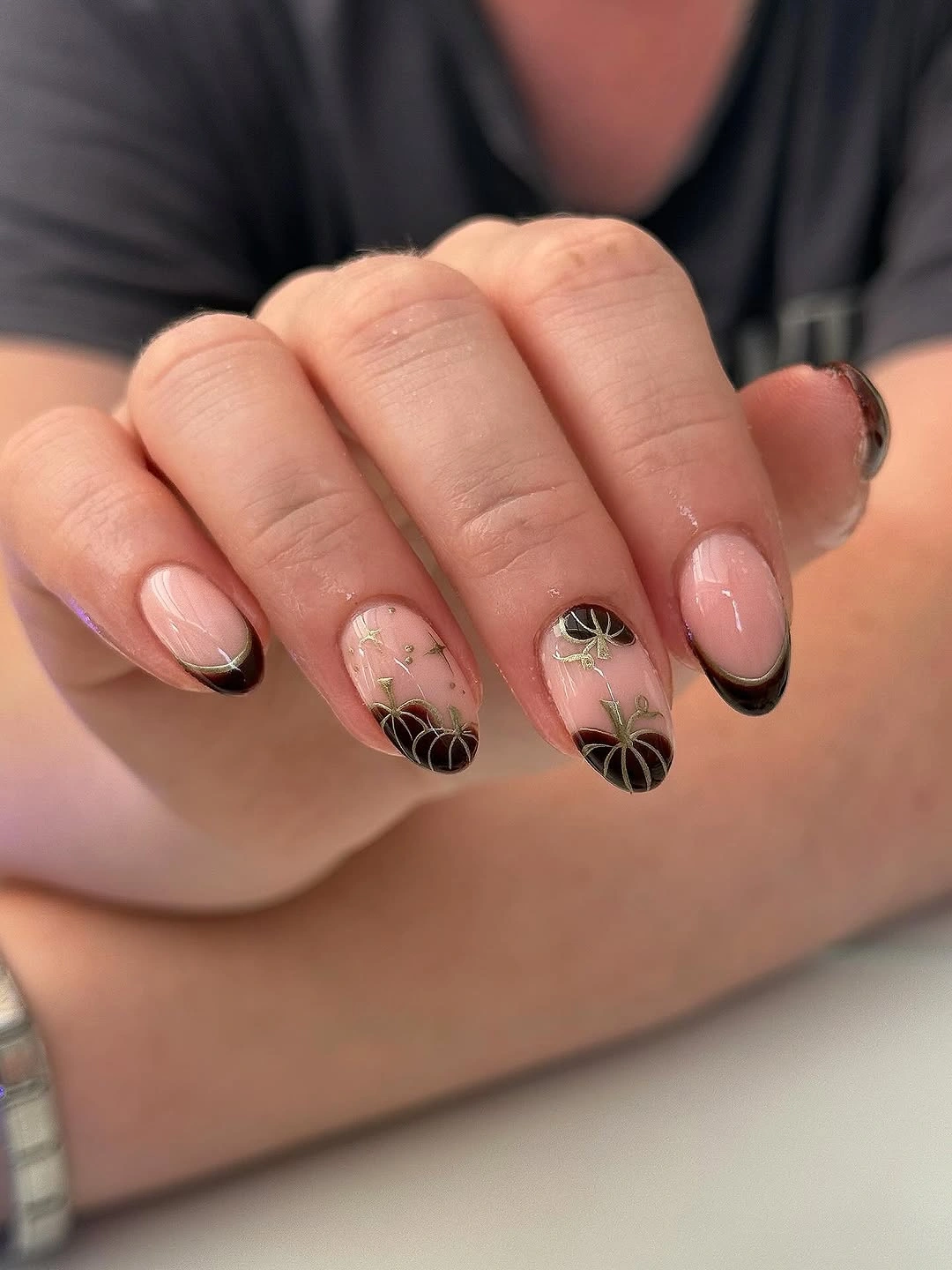 fall acrylic nails 2026 Dark French Tips With Tiny Pumpkin Accents