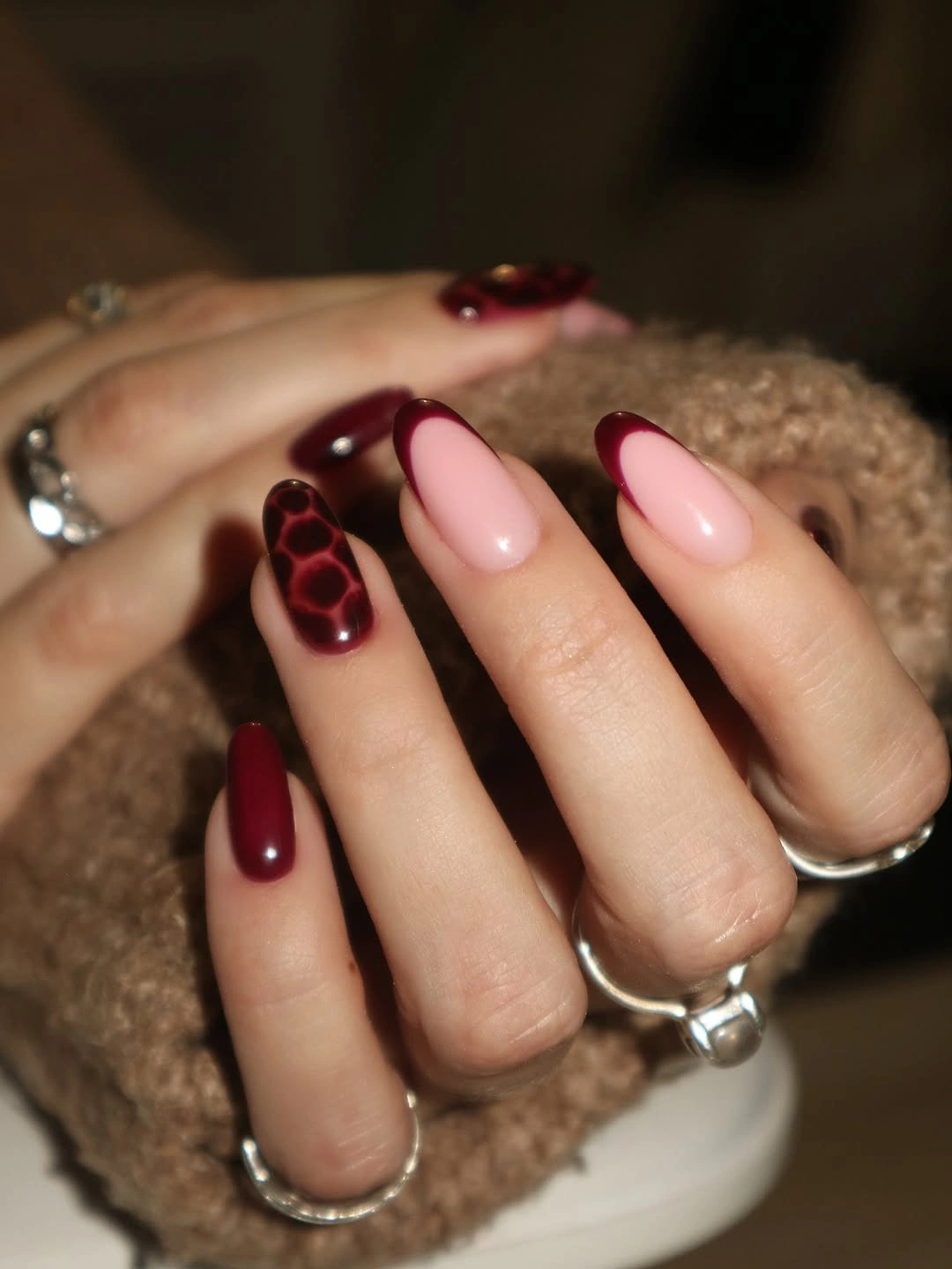 fall burgundy nails with design Burgundy French Tips With Leopard Detail