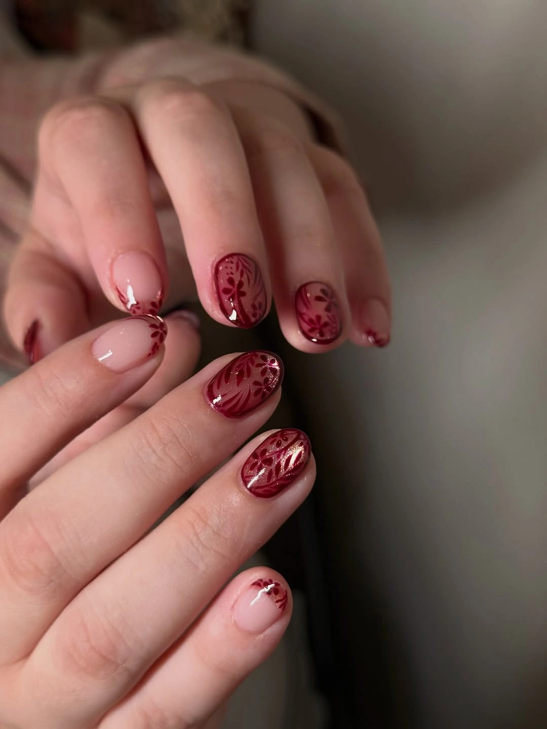 fall burgundy nails with design Short Burgundy Floral Nails