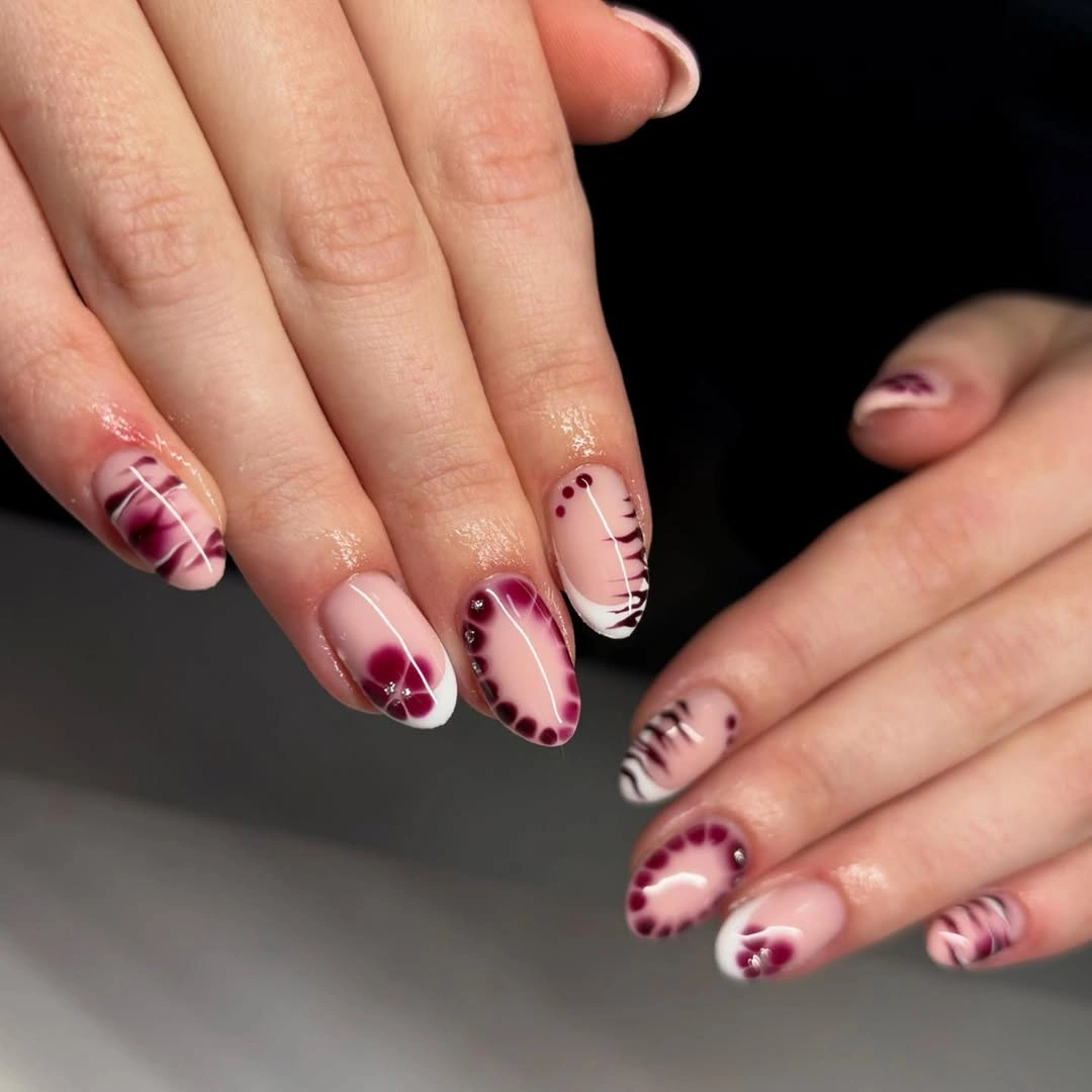 fall burgundy nails with design Playful Burgundy And White Nail Art