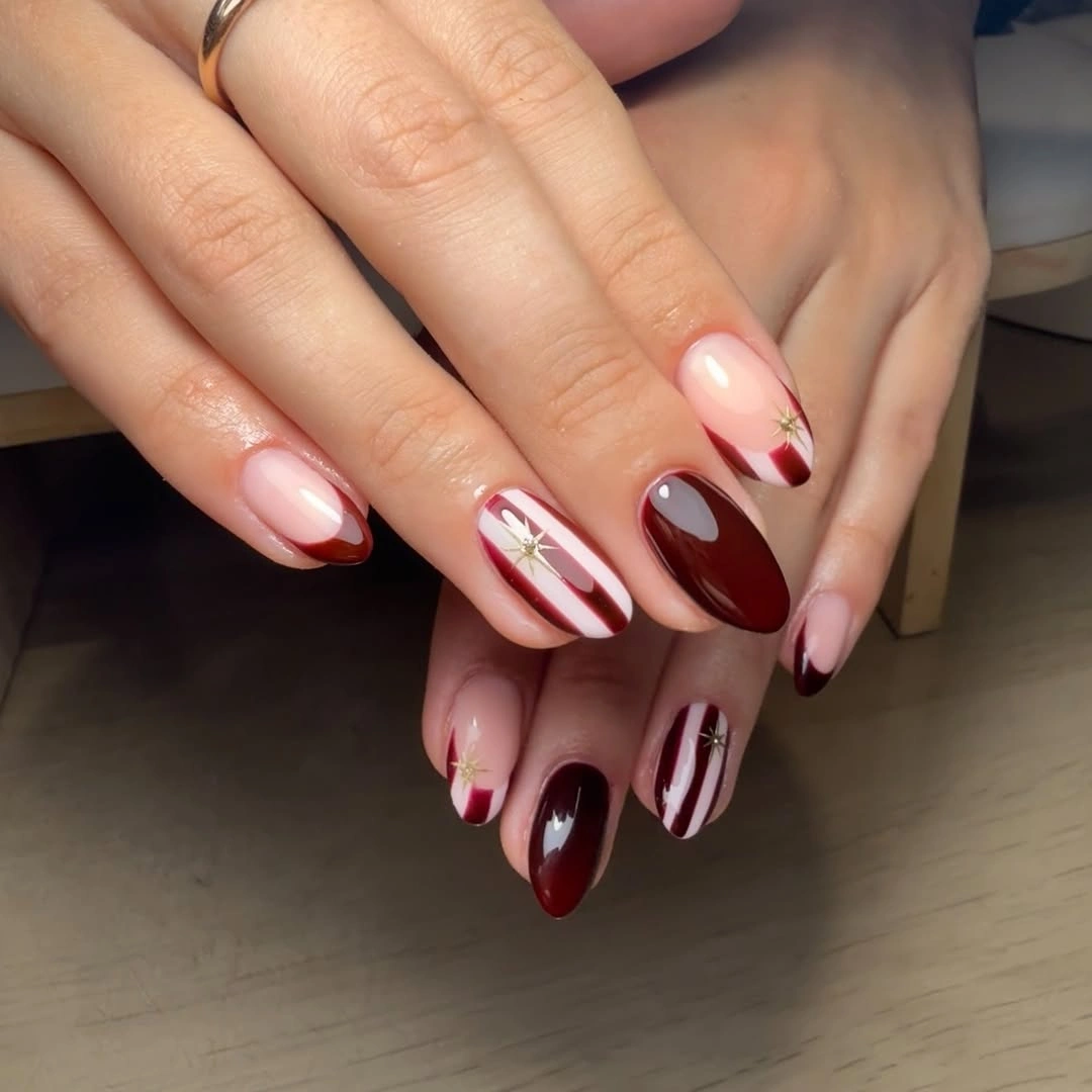 fall burgundy nails with design Burgundy Candy Cane French Tips