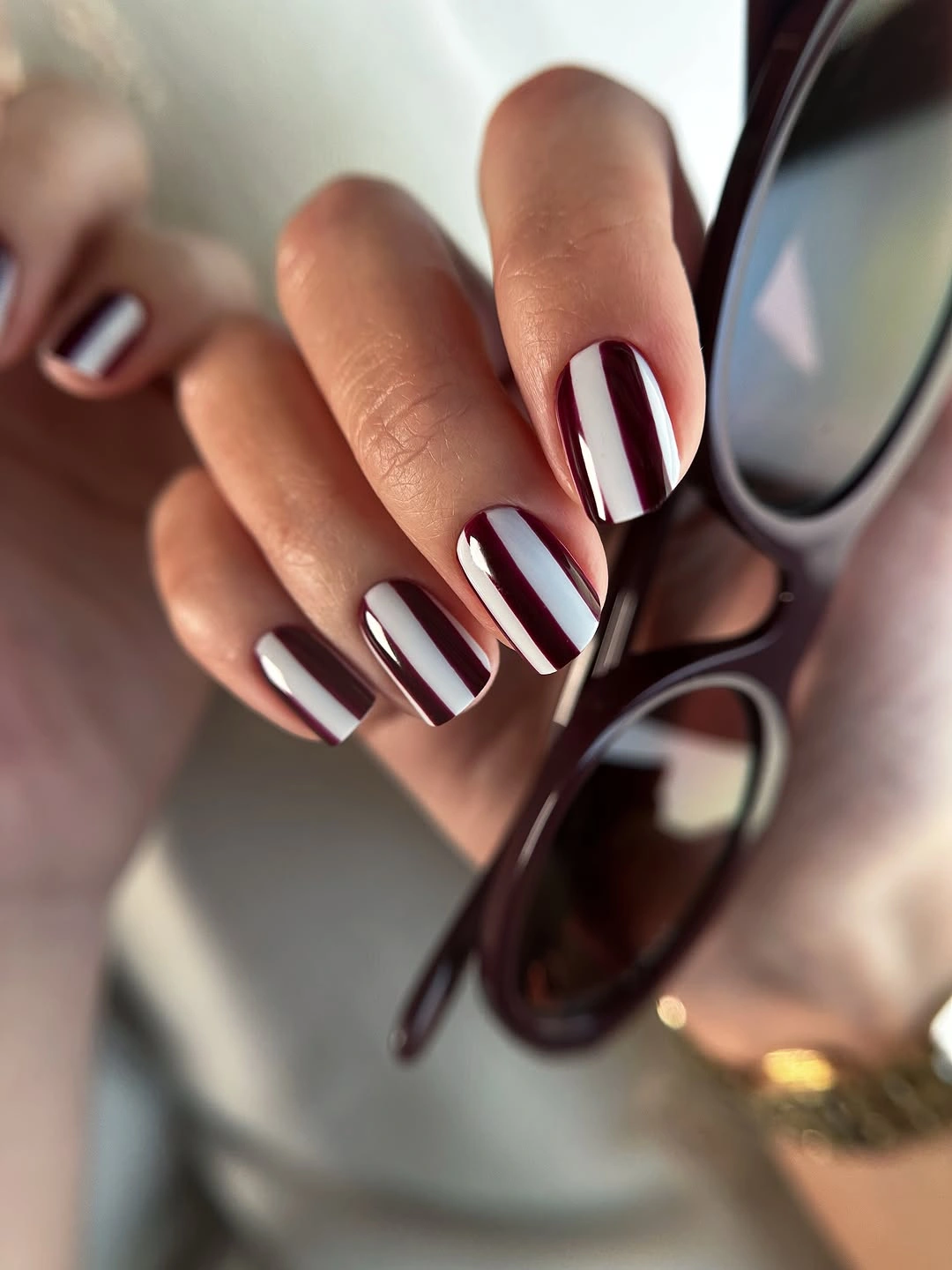 fall burgundy nails with design Classic Burgundy And White Stripes