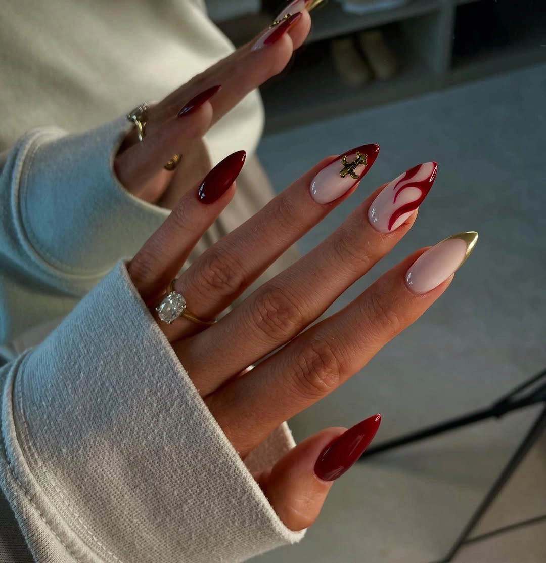 fall burgundy nails with design Long Burgundy Almond With Gold Details