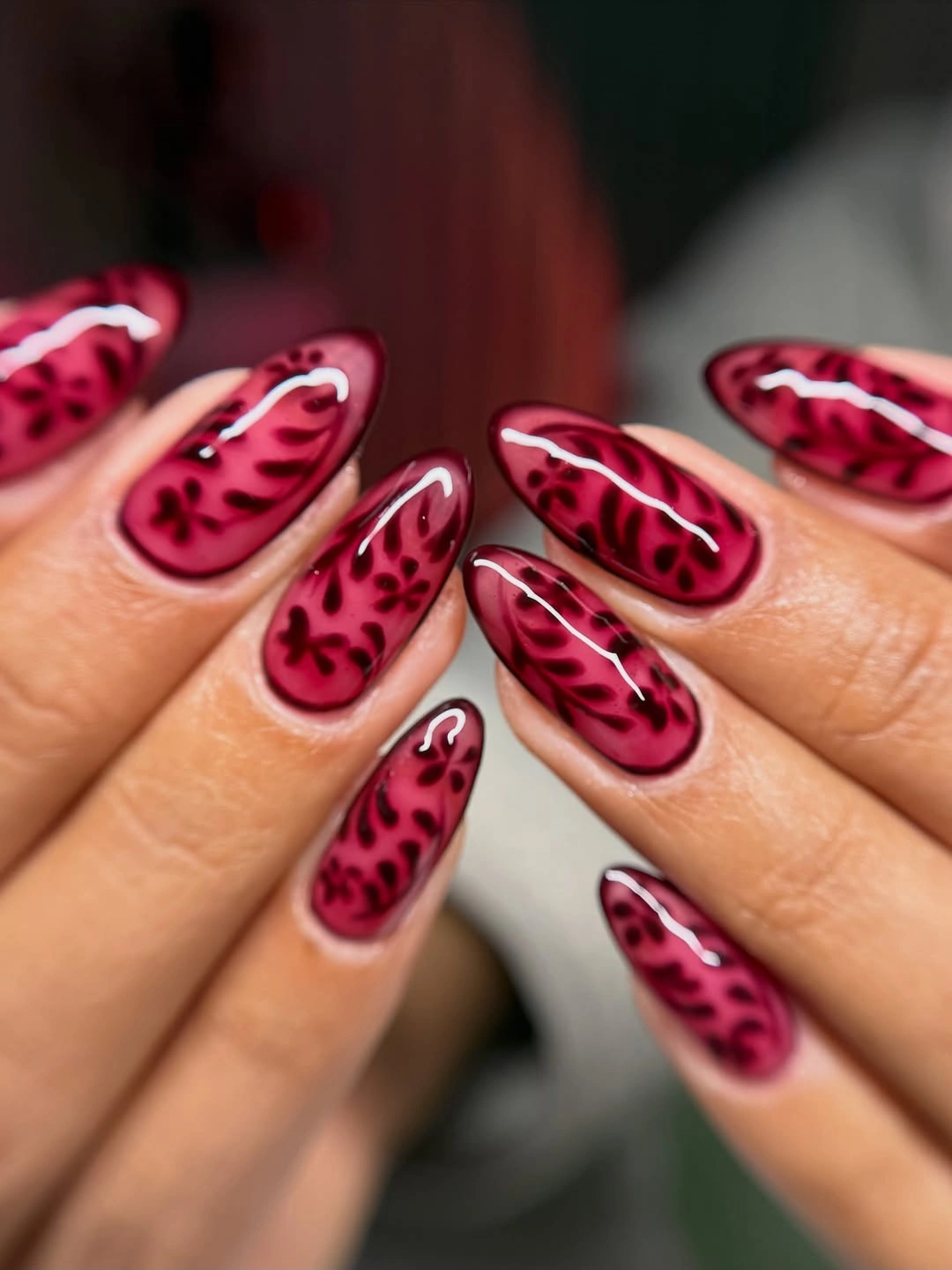 fall burgundy nails with design Berry Burgundy Nails With Playful Botanical Details